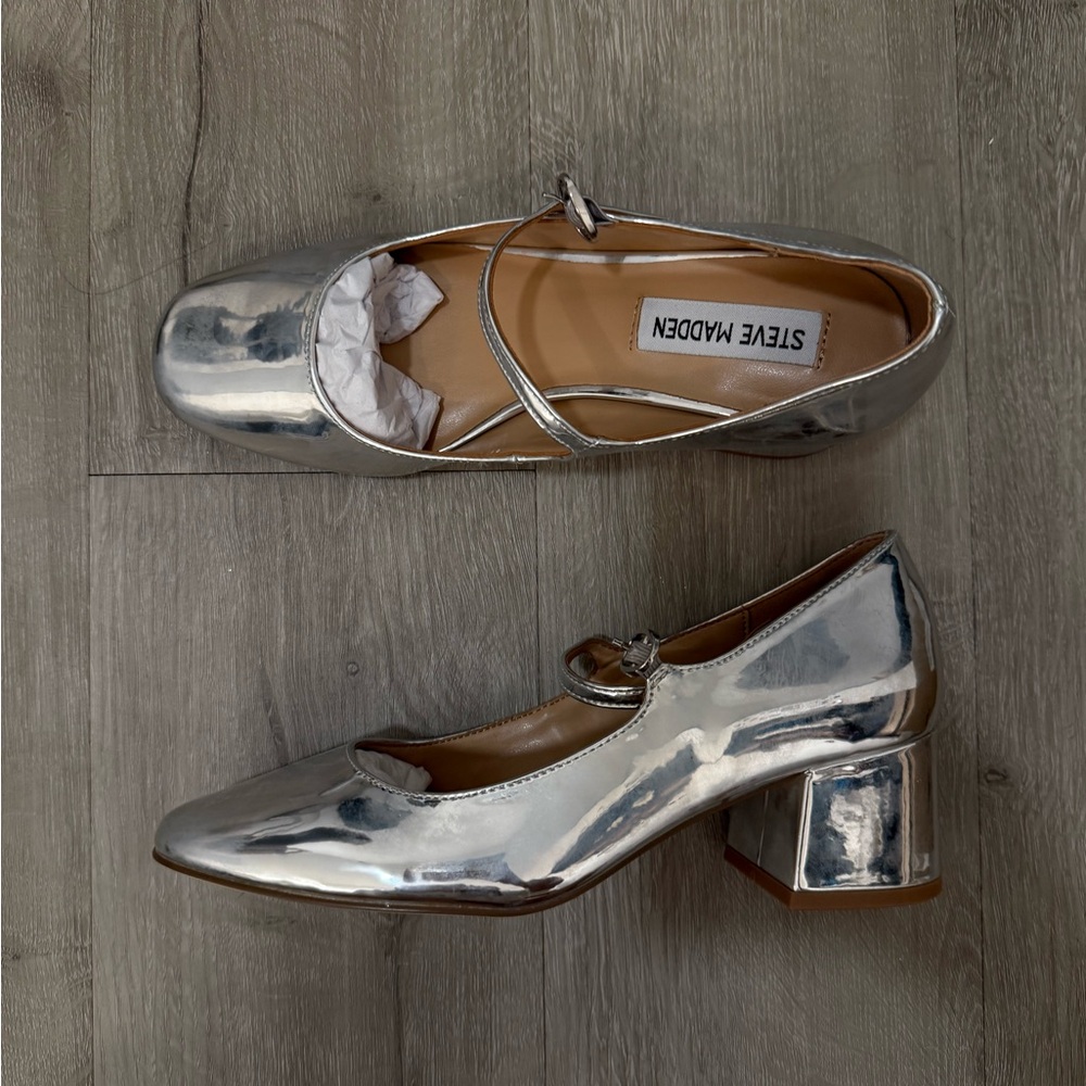 Silver Metallic Mary Jane Block Heels | Retro Party Shoes | Size 6